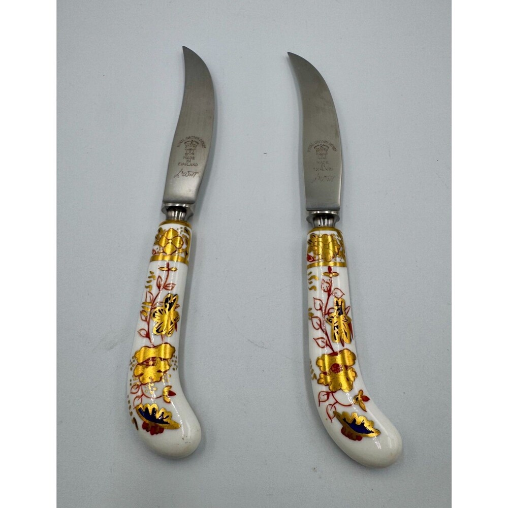 ROYAL CROWN DERBY Two Fruit Knives Asain Rose Pattern Vintage Sheffield, England